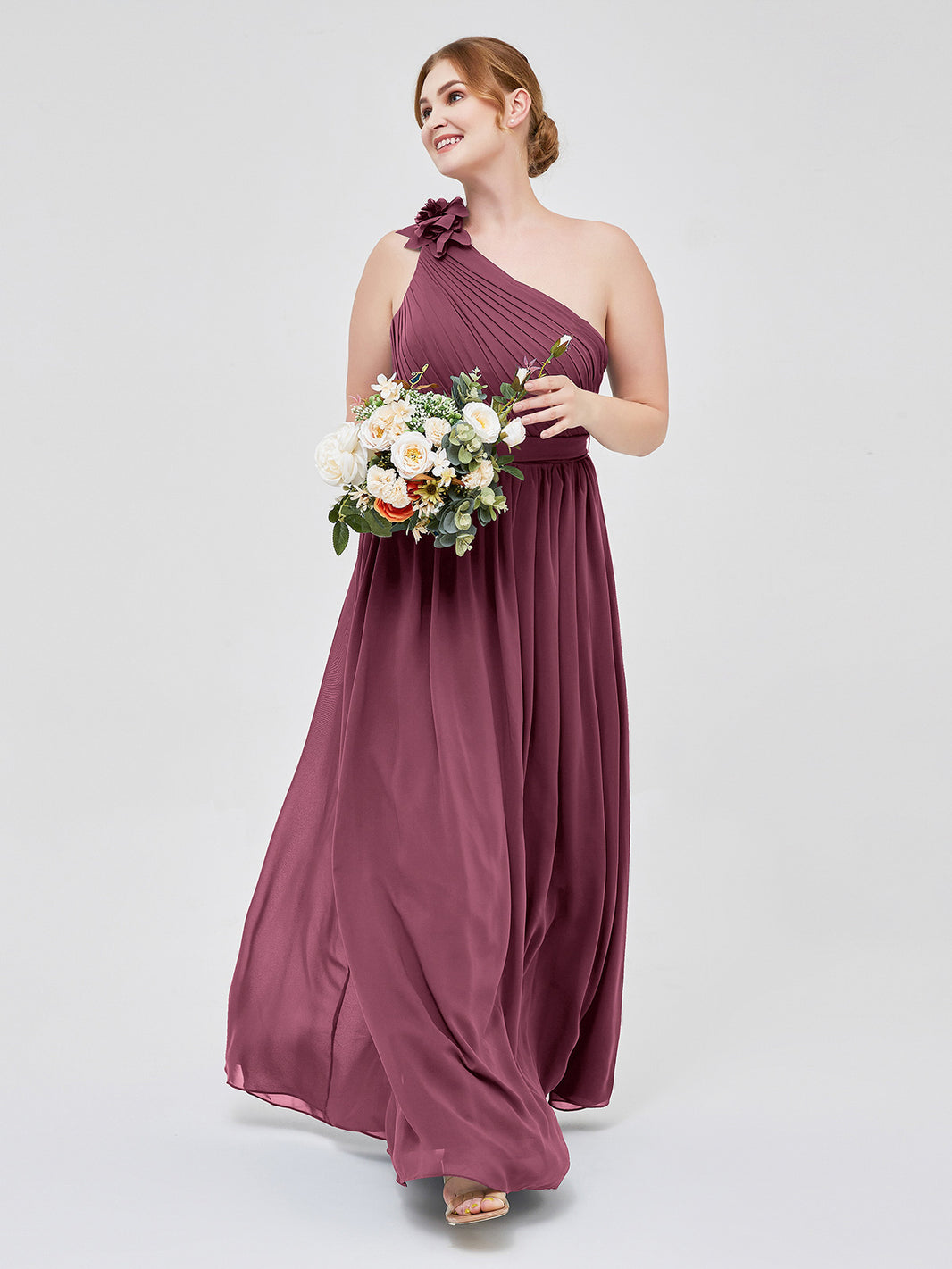 BABARONI Chiffon Mulberry Bridesmaid Dresses One Shoulder Floor-length  Backless Sleeveless Pocket A-line