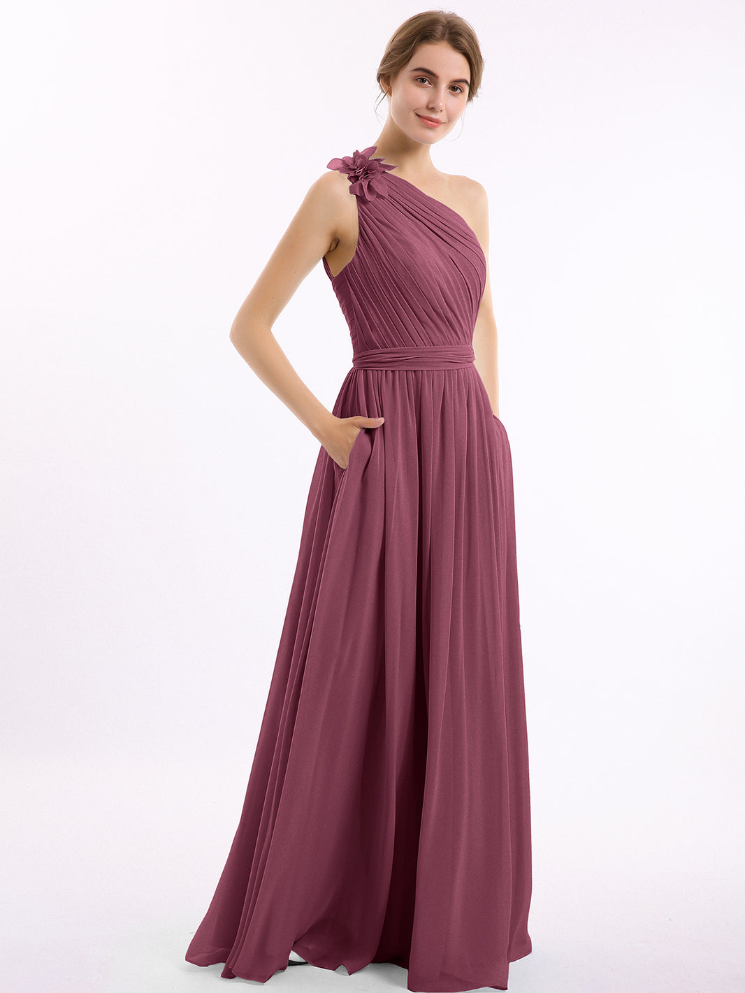 BABARONI Chiffon Mulberry Bridesmaid Dresses One Shoulder Floor-length  Backless Sleeveless Pocket A-line