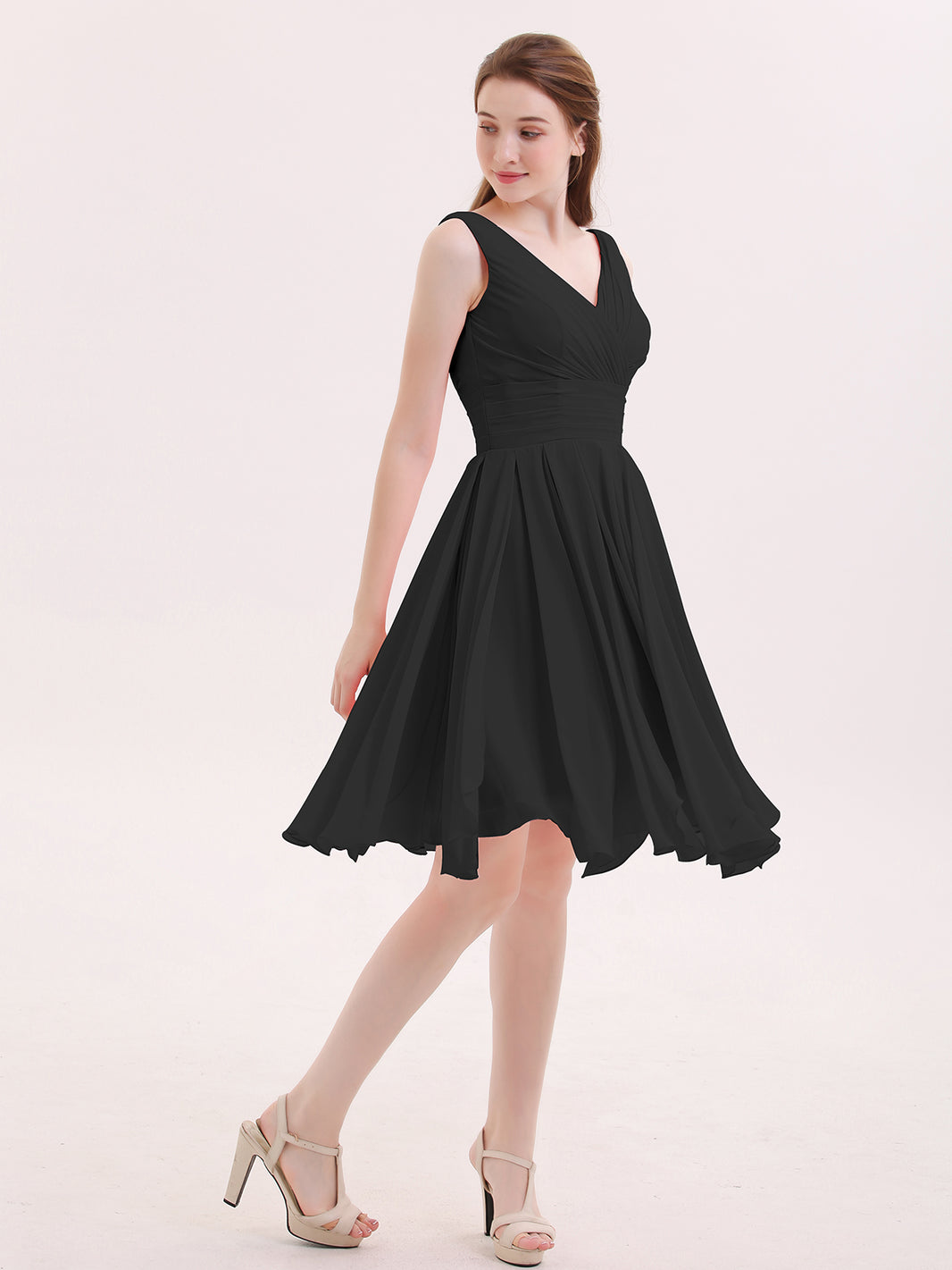 BABARONI Short Chiffon Dress with V Neckline Black, Black / US0