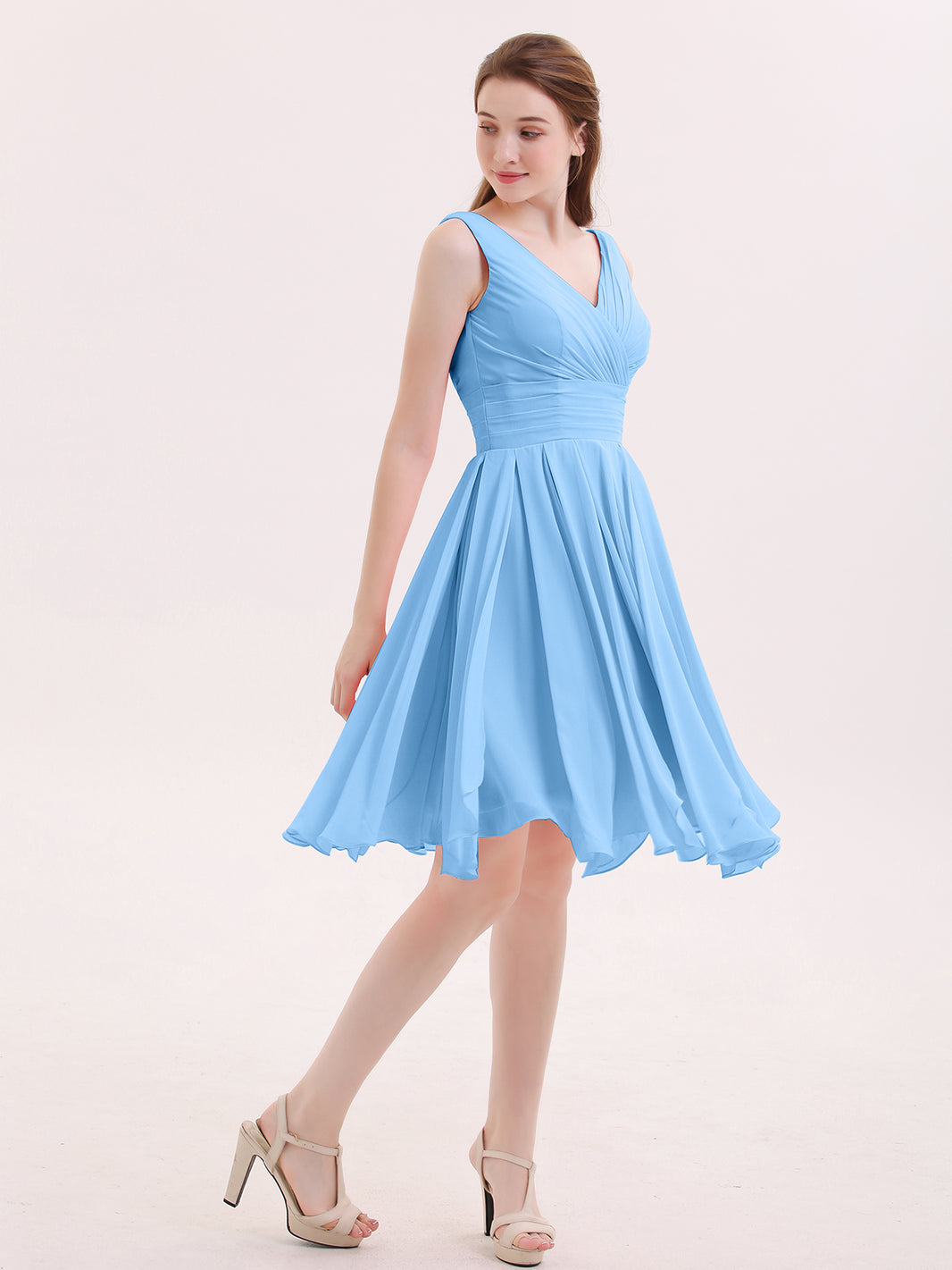 BABARONI Short Chiffon Dress with V Neckline Blue, Blue / US0 BABARONI Short Chiffon Dress with V Neckline Blue, Blue / US0
