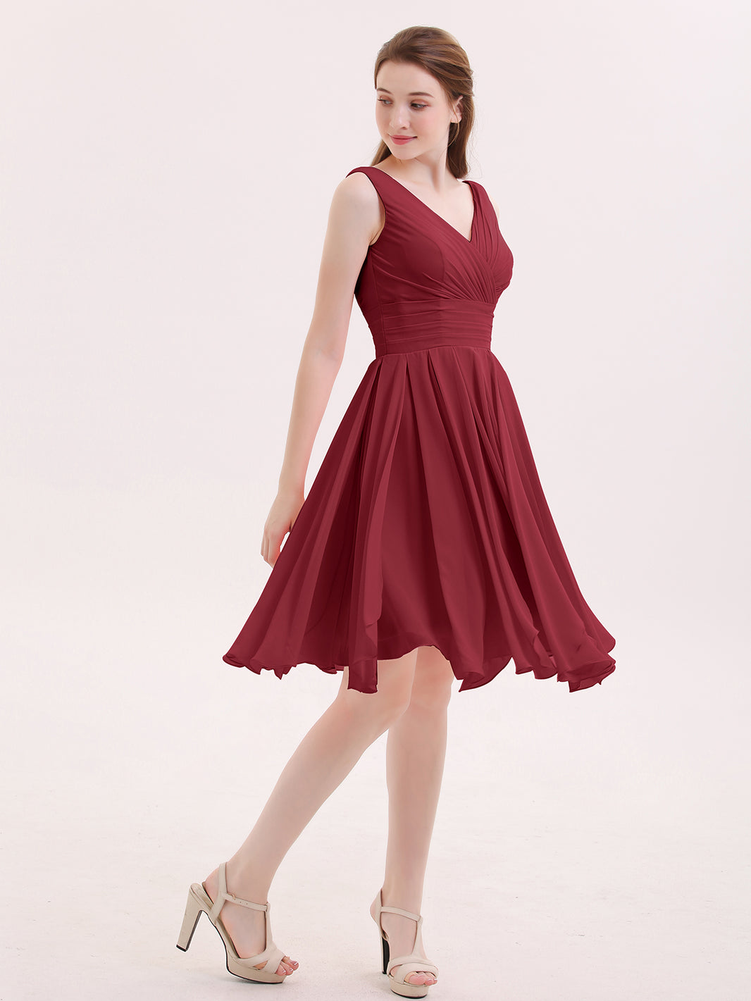 blue dress for baby girl BABARONI Chiffon Burgundy Bridesmaid Dresses V-neck Knee-length Sleeveless  Ruffle A-line