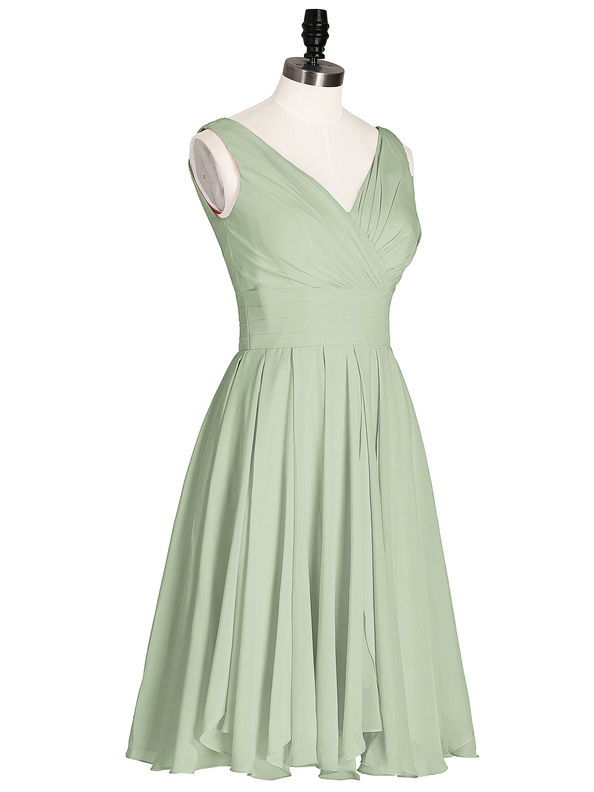 Mabel Short Chiffon Dress with V Neckline Dusty Sage | BABARONI