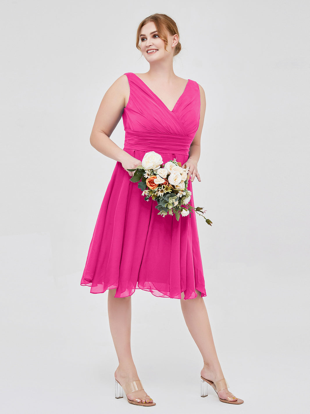 BABARONI Short Chiffon Dress with V Neckline Fuchsia, Fuchsia / US0