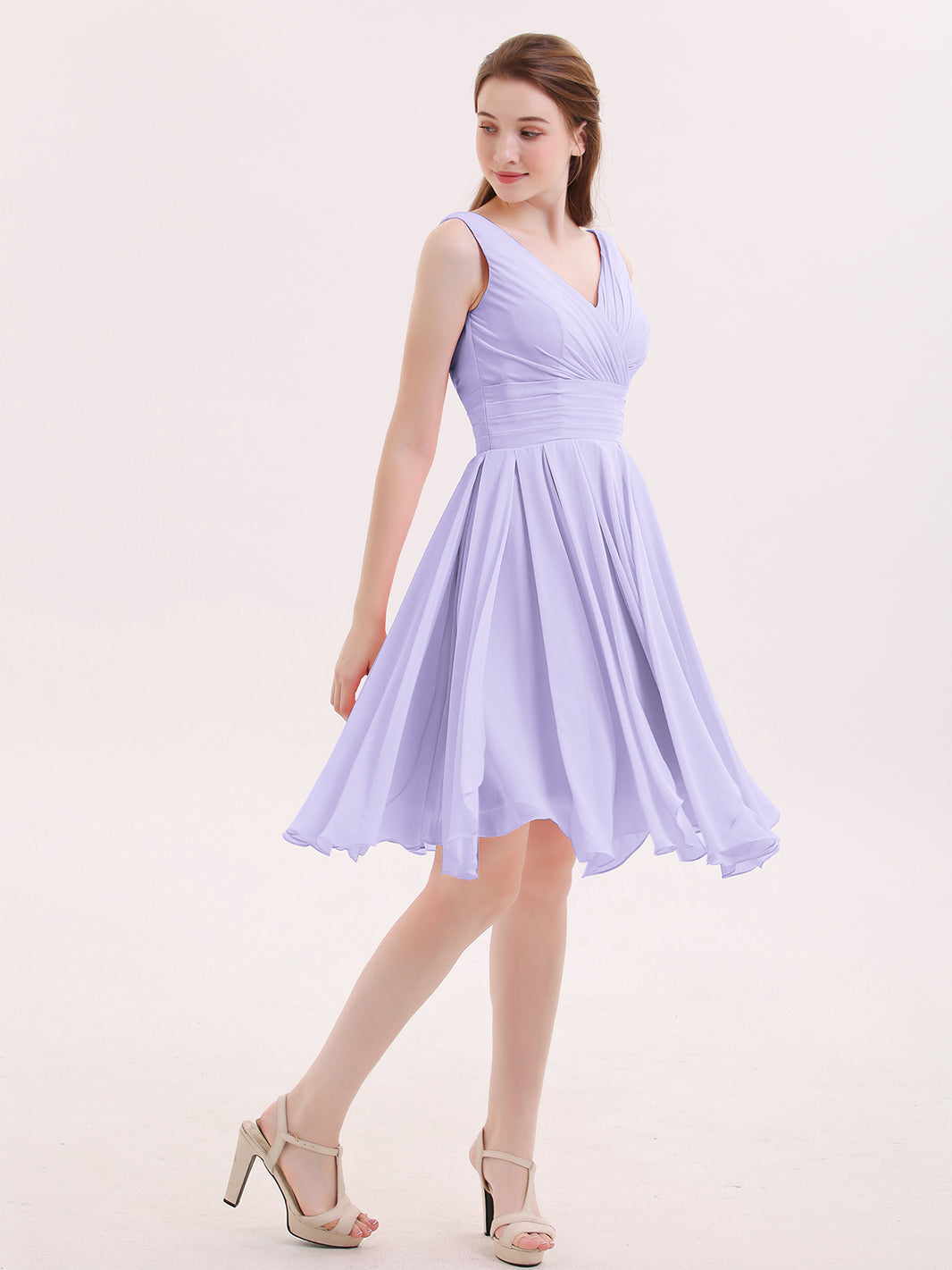 BABARONI Short Chiffon Dress with V Neckline Lilac, Lilac / US0 BABARONI Short Chiffon Dress with V Neckline Lilac, Lilac / US0