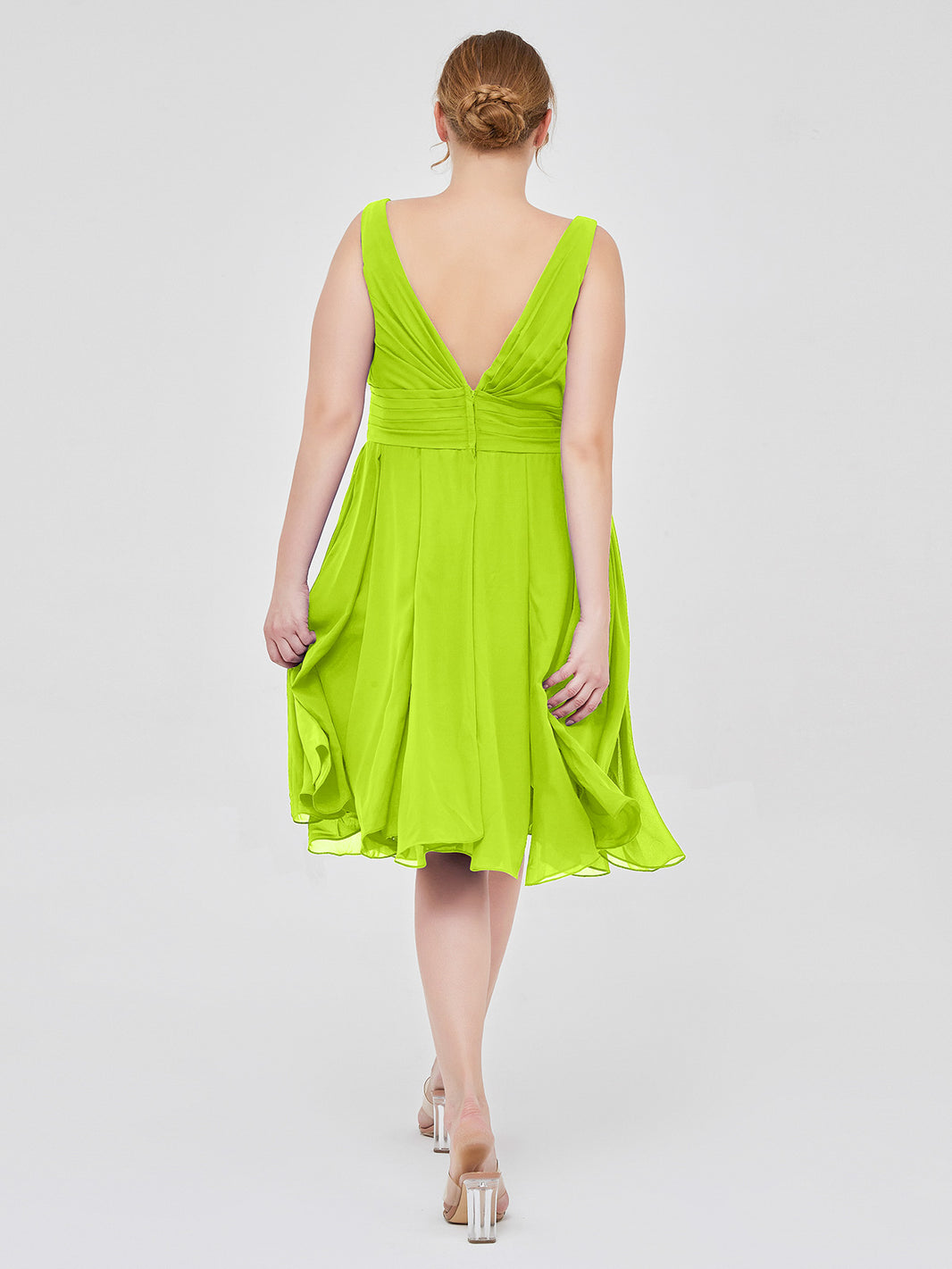 BABARONI Chiffon Lime Green Bridesmaid Dresses V-neck Knee-length Sleeveless Ruffle A-line, Lime Green / US0