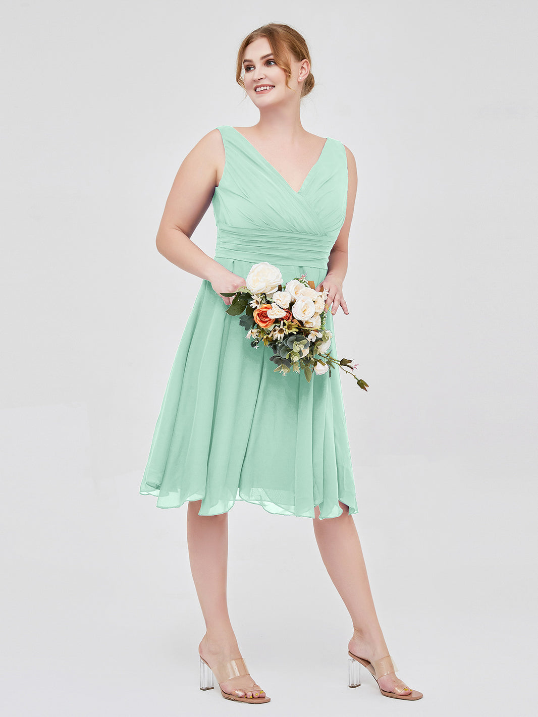 BABARONI Short Chiffon Dress with V Neckline Mint Green, Mint Green / US0