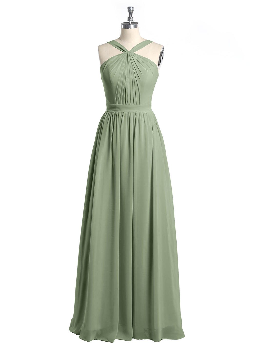 Illusion Neck Chiffon Full Length Dresses Dusty Sage