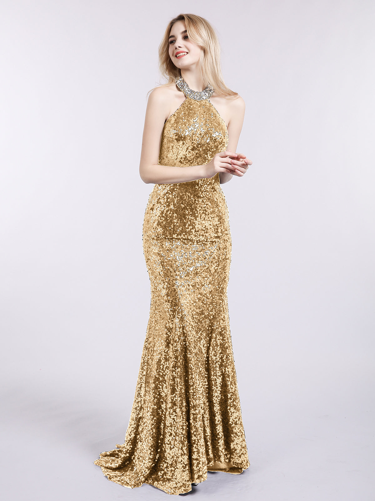 BABARONI Halter Lower Back Sequins Mermaid Gown-Metallic Gold, Metallic Gold / US0
