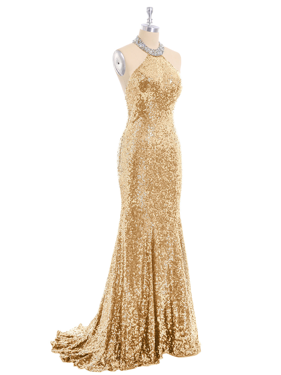 green emerald velvet dress BABARONI Sequin Metallic Gold Bridesmaid Dresses Halter Sweep/Brush Train  Sleeveless Beaded Trumpet/Mermaid