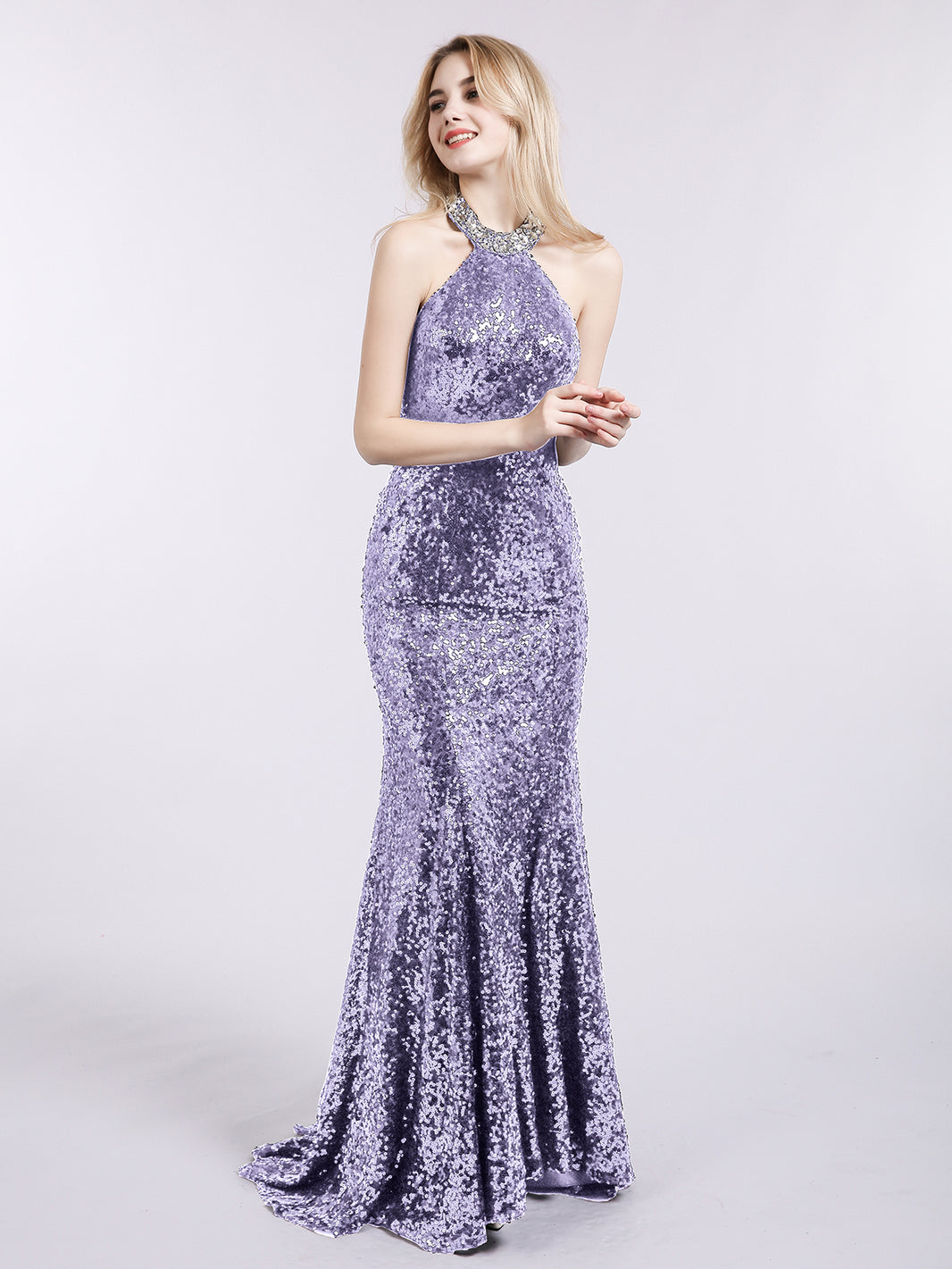 BABARONI Halter Lower Back Sequins Mermaid Gown-Lilac, Lilac / US0 BABARONI Halter Lower Back Sequins Mermaid Gown-Lilac, Lilac / US0