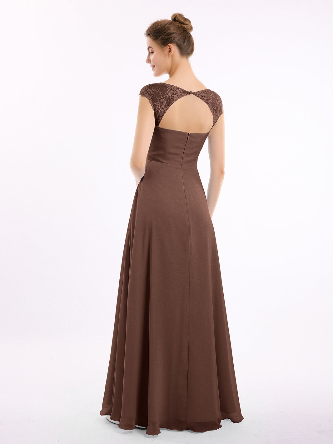 BABARONI Chiffon Chocolate Bridesmaid Dresses Sweetheart Floor-length Cap  Sleeve Ruffle A-line