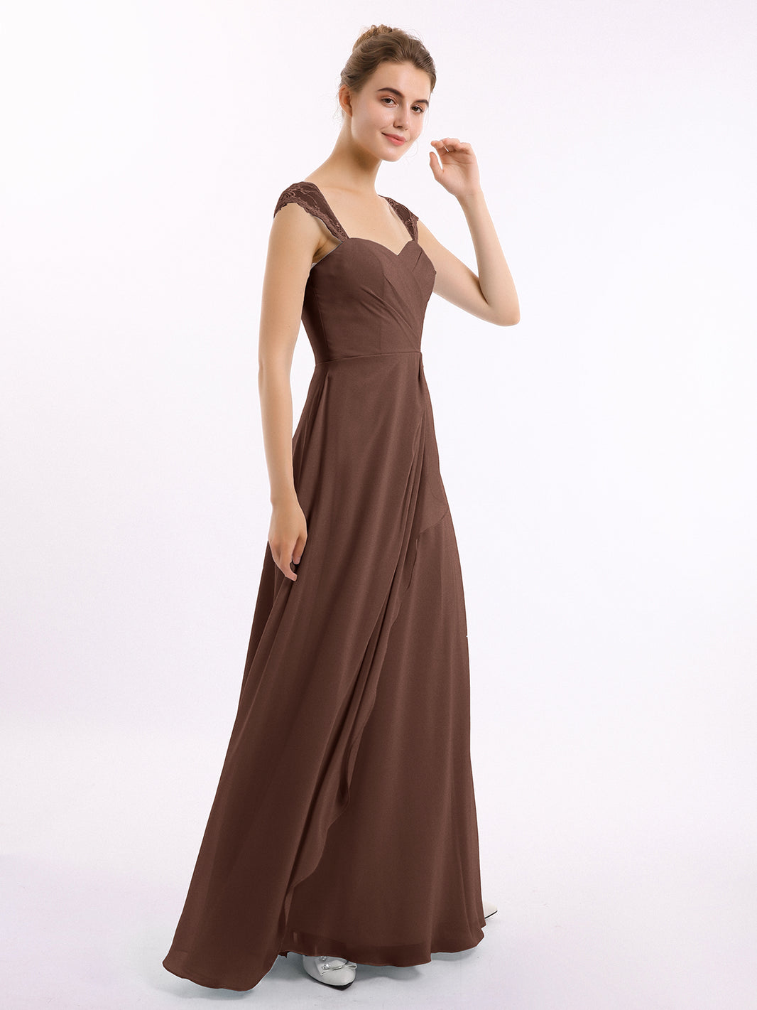 BABARONI Chiffon Bridesmaid Dresses with Lace Cap Sleeves-Chocolate, Chocolate / US0