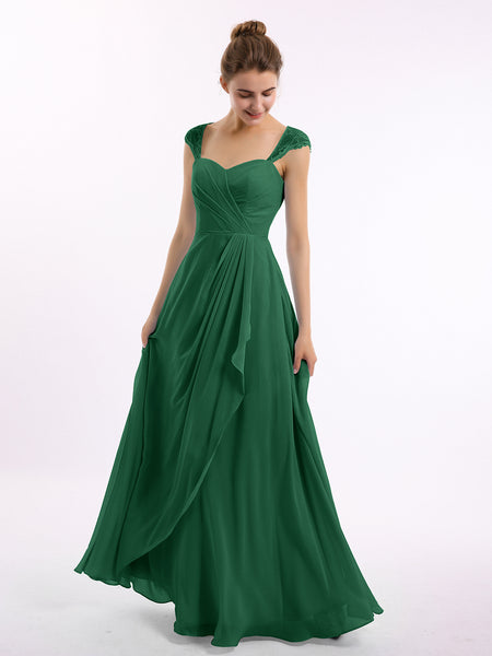 BABARONI Chiffon Bridesmaid Dresses with Lace Cap Sleeves-Dark Green, Dark Green / US0