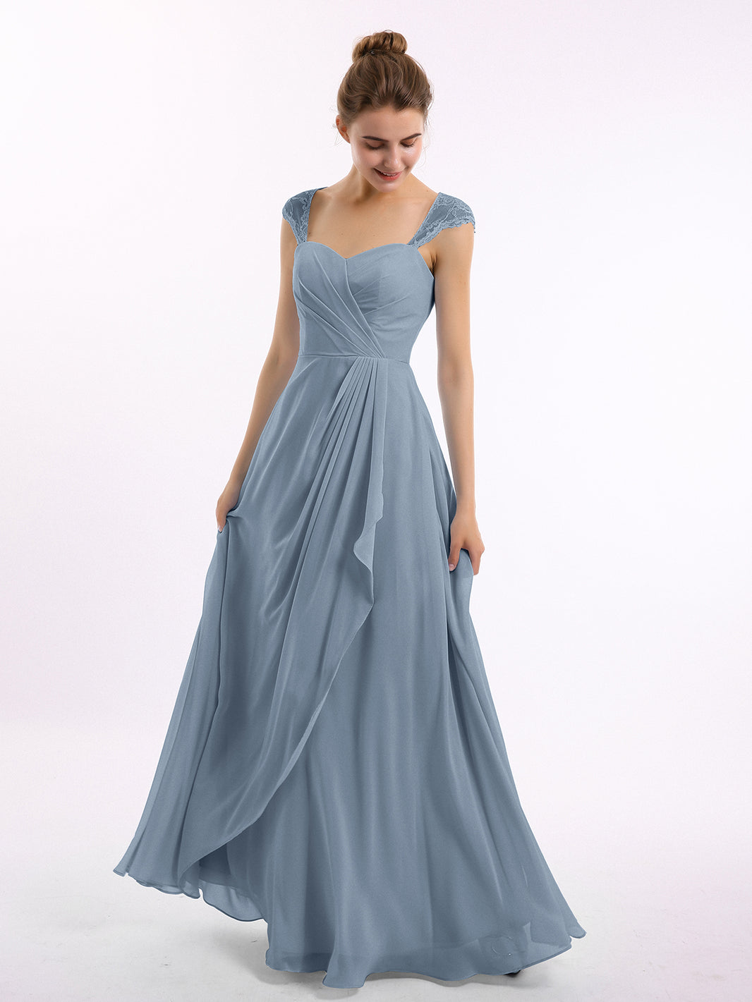 BABARONI Chiffon Dusty Blue Bridesmaid Dresses Sweetheart Floor-length Cap Sleeve Ruffle A-line BABARONI Chiffon Dusty Blue Bridesmaid Dresses Sweetheart Floor-length Cap Sleeve Ruffle A-line