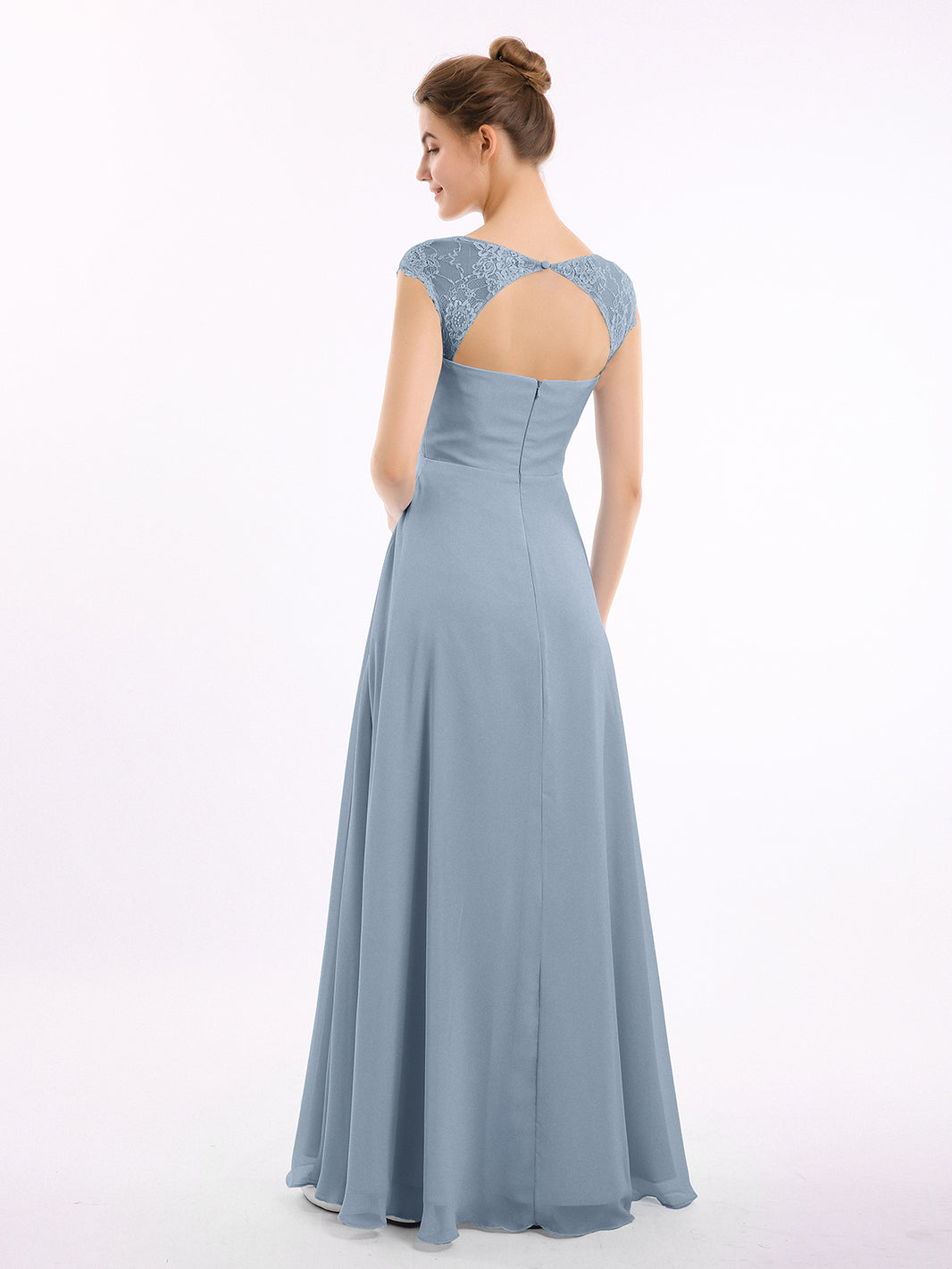 BABARONI Chiffon Dusty Blue Bridesmaid Dresses Sweetheart Floor-length Cap Sleeve Ruffle A-line BABARONI Chiffon Dusty Blue Bridesmaid Dresses Sweetheart Floor-length Cap Sleeve Ruffle A-line