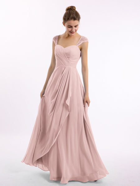 BABARONI Chiffon Bridesmaid Dresses with Lace Cap Sleeves-Dusty Rose, Dusty Rose / US0
