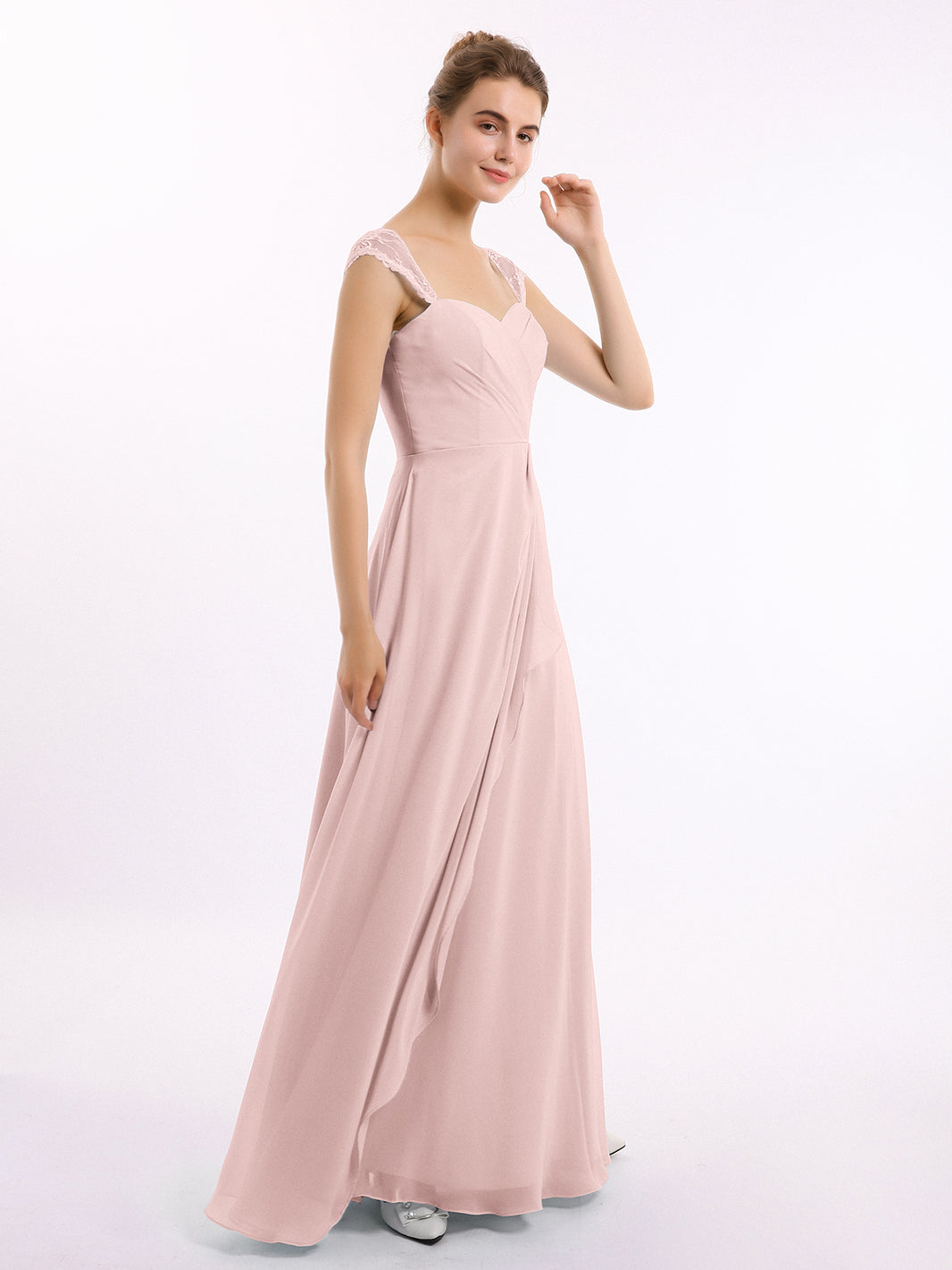 BABARONI Chiffon Bridesmaid Dresses with Lace Cap Sleeves-Dusty Rose, Dusty Rose / US0