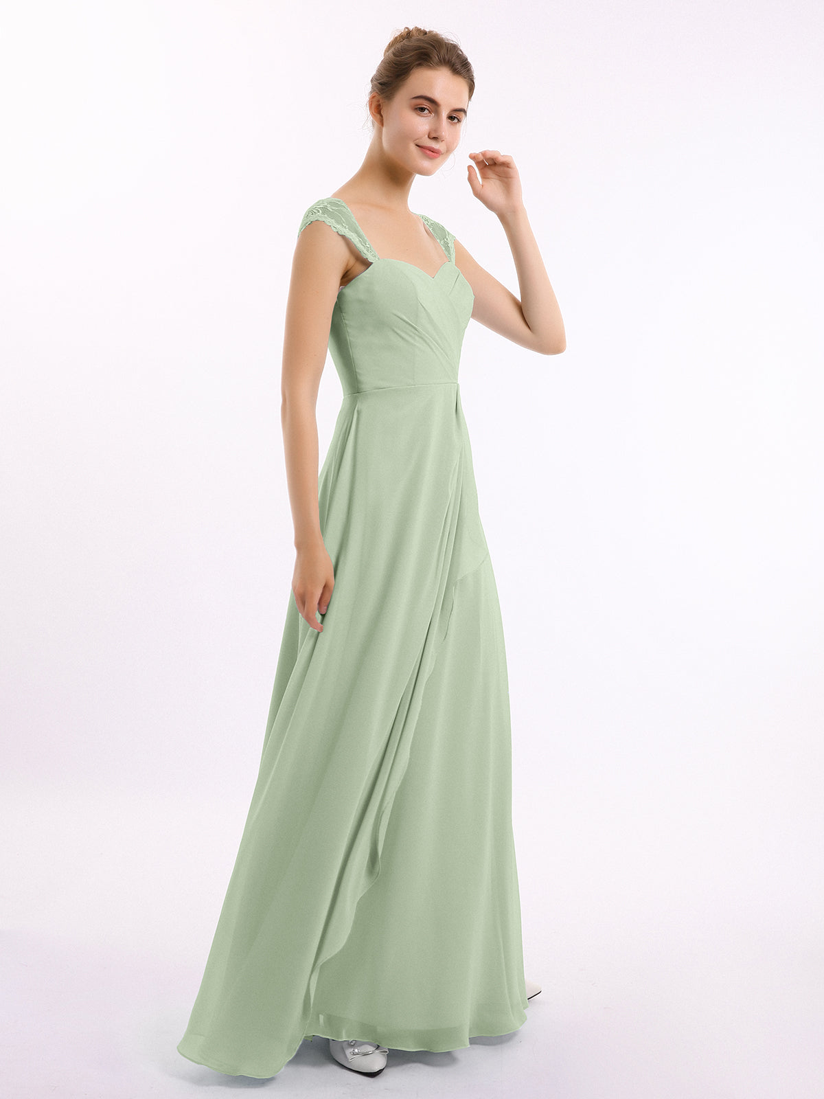 Cap Sleeves V-neck Chiffon Dress with Slit Dusty Sage main image 1