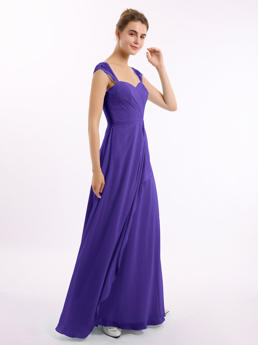Chiffon Bridesmaid Dresses with Lace Cap Sleeves Papaya