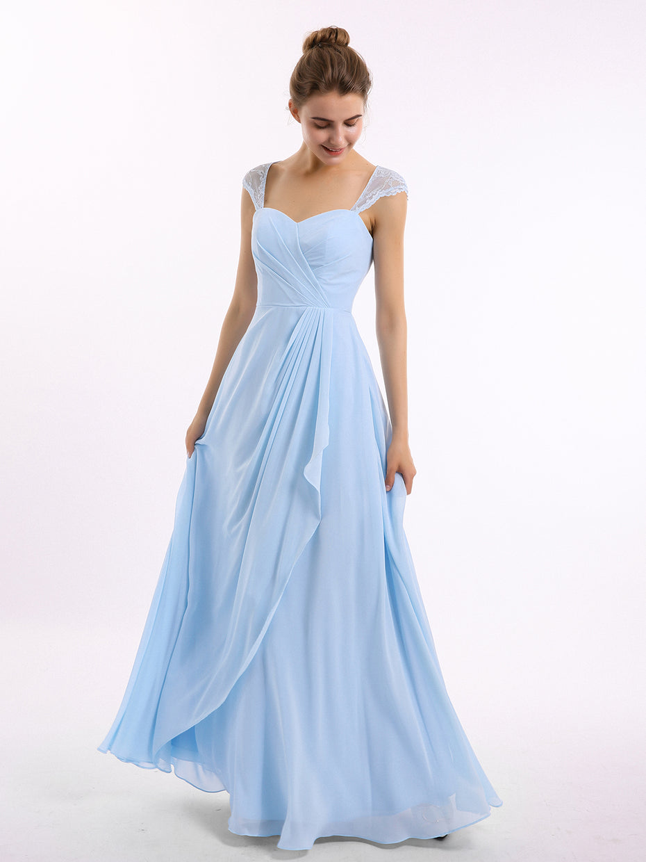 Scoop Flutter Sleeves Chiffon A-line Maxi Dresses with Slit Sky Blue
