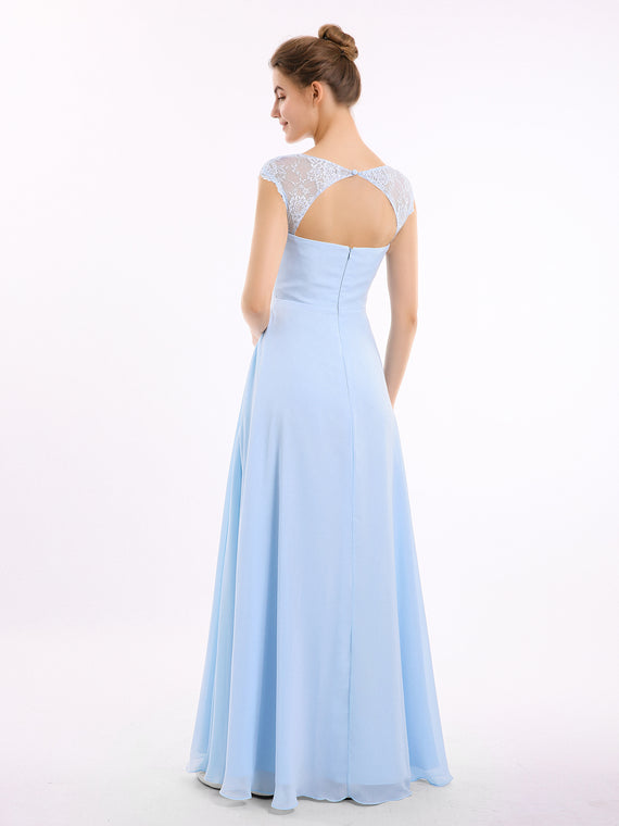 Cap Sleeves V-neck Chiffon Dress with Slit Sky Blue