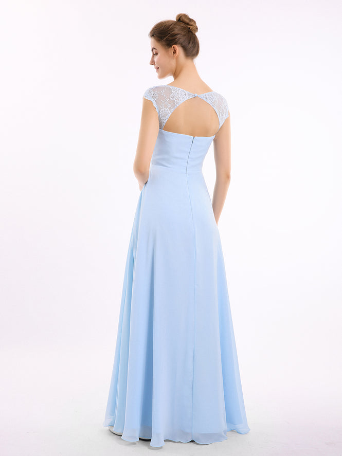 Long Cap Sleeves Chiffon Dress with Lace Top Ocean Blue