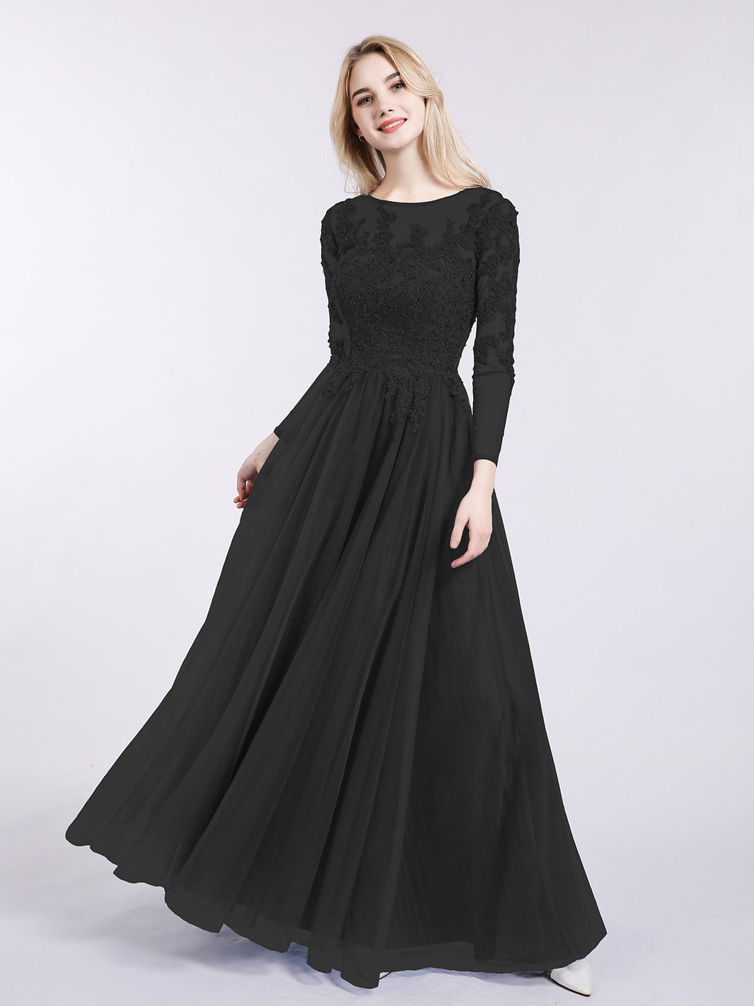 BABARONI Tulle Black Bridesmaid Dresses Bateau Floor-length Long Sleeve  Appliqued A-line