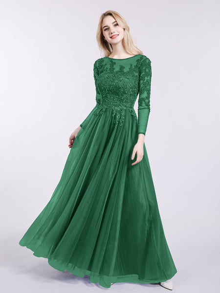 BABARONI Tulle with Appliqued Long Sleeves Dress-Dark Green, Dark Green / US0 BABARONI Tulle with Appliqued Long Sleeves Dress-Dark Green, Dark Green / US0