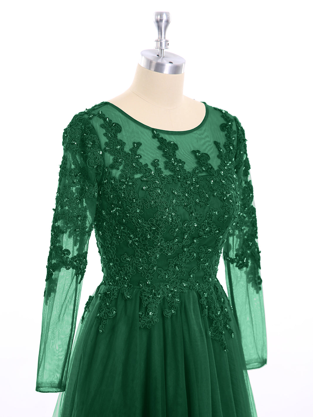 BABARONI Tulle with Appliqued Long Sleeves Dress-Dark Green, Dark Green / US0