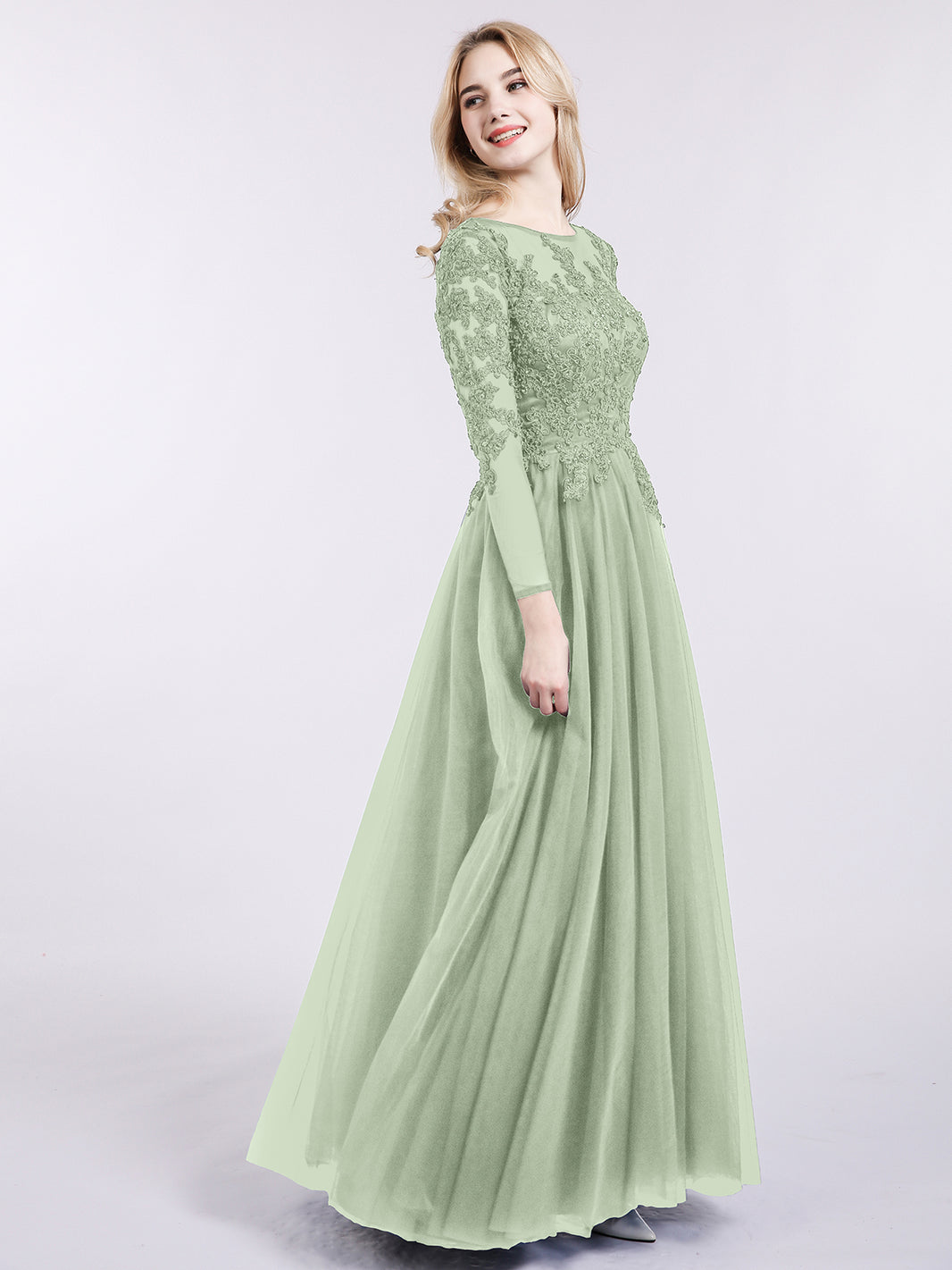 sage green bridesmaid dresses long sleeve BABARONI Tulle Dusty Bateau Floor-length Appliqued A-line, Dusty Sage / US0 Long Sleeves Silk Knit Tank Midi Color:Ruby/Gold SID-ID32725W