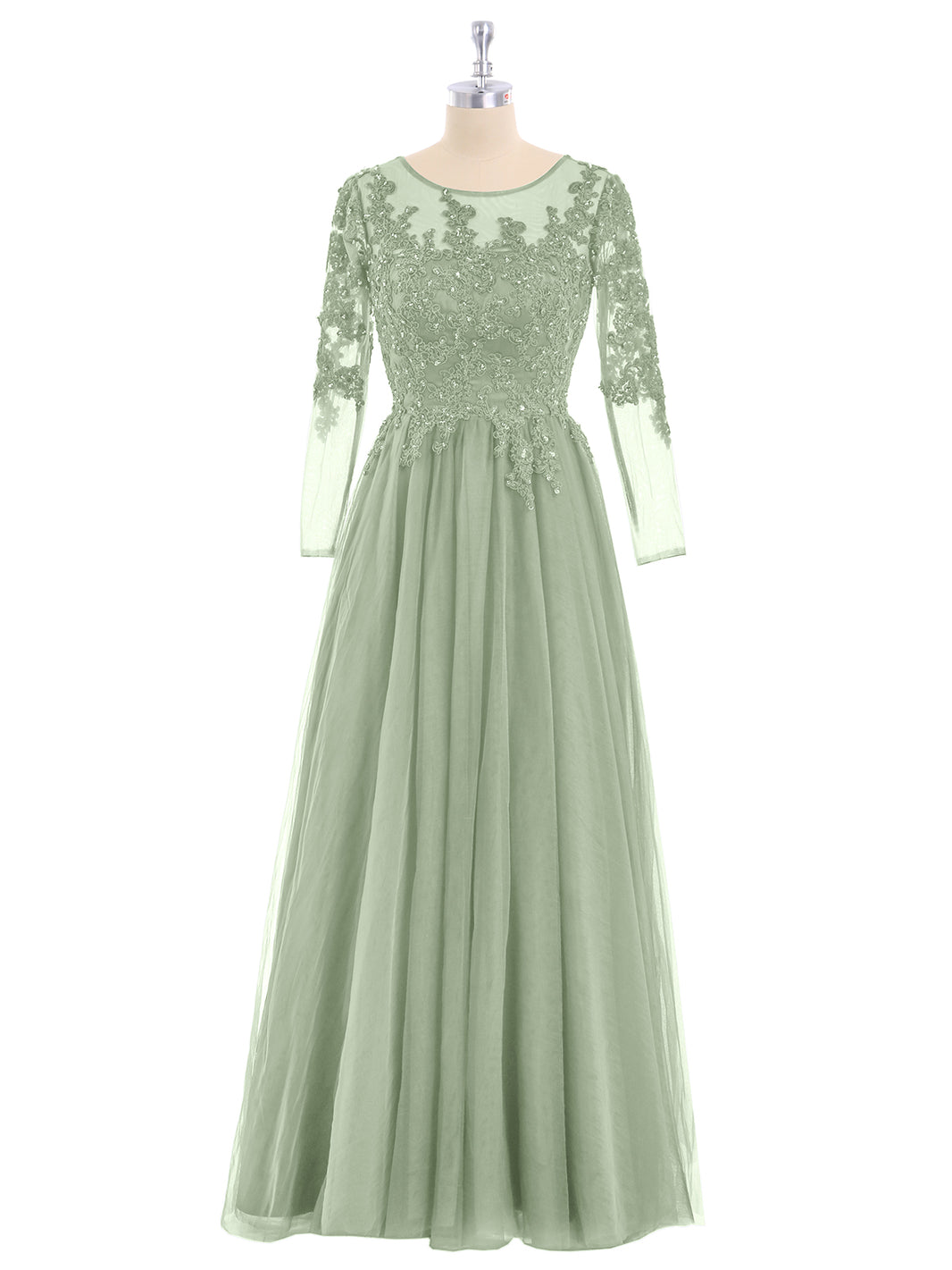 BABARONI Tulle with Appliqued Long Sleeves Dress-Dusty Sage, Dusty Sage / US0
