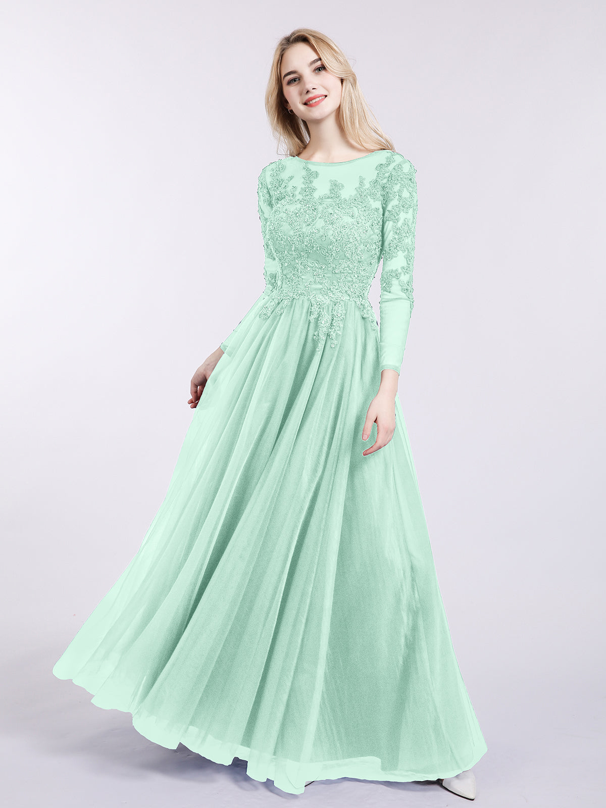 Martha Tulle with Appliqued Long Sleeves Dress-Mint Green Plus Size