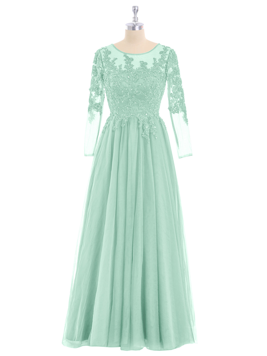 mint green damas dresses BABARONI BABARONI Tulle Mint Green Bridesmaid Dresses Bateau Floor-length Long Sleeve Appliqued A-line, Mint Green / US0