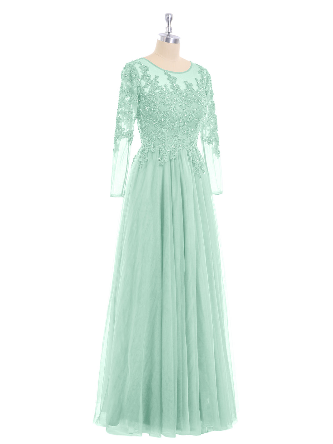 BABARONI Tulle with Appliqued Long Sleeves Dress-Mint Green, Mint Green / US0