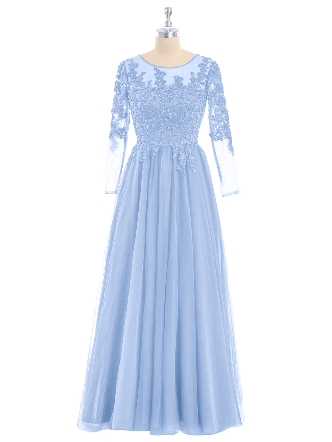 BABARONI Tulle with Appliqued Long Sleeves Dress-Sky Blue, Sky Blue / US0 BABARONI Tulle with Appliqued Long Sleeves Dress-Sky Blue, Sky Blue / US0
