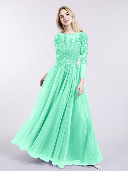 BABARONI Tulle with Appliqued Long Sleeves Dress-Turquoise, Turquoise / US0 BABARONI Tulle with Appliqued Long Sleeves Dress-Turquoise, Turquoise / US0
