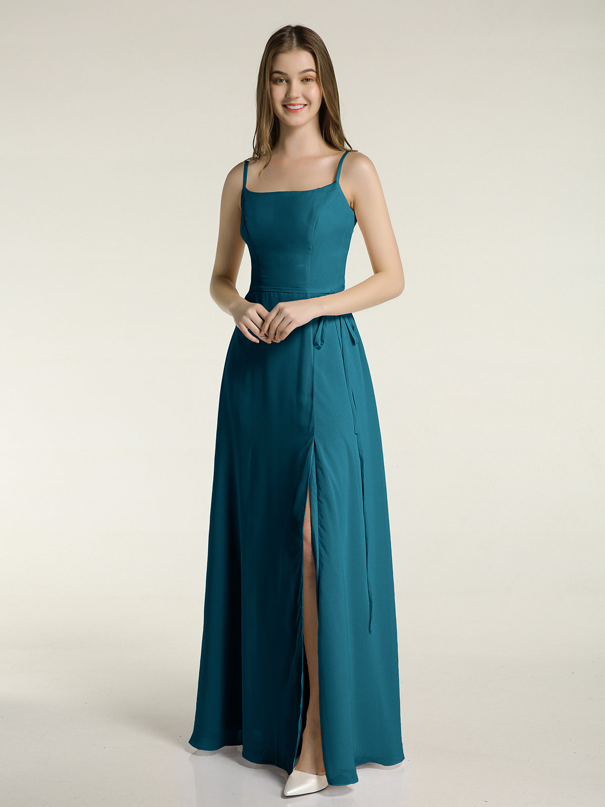Simple Spaghetti Strap Chiffon Gowns with Slit-Ink Blue Plus Size ...