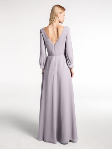 Bishop Sleeves Chiffon V-neck Dress with Bow Ivory