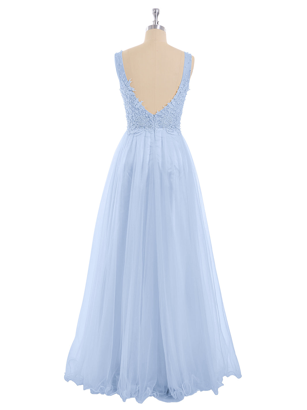 BABARONI Tulle Sky Blue Bridesmaid Dresses V-neck Floor-length Backless Sleeveless A-line BABARONI Tulle Sky Blue Bridesmaid Dresses V-neck Floor-length Backless Sleeveless A-line