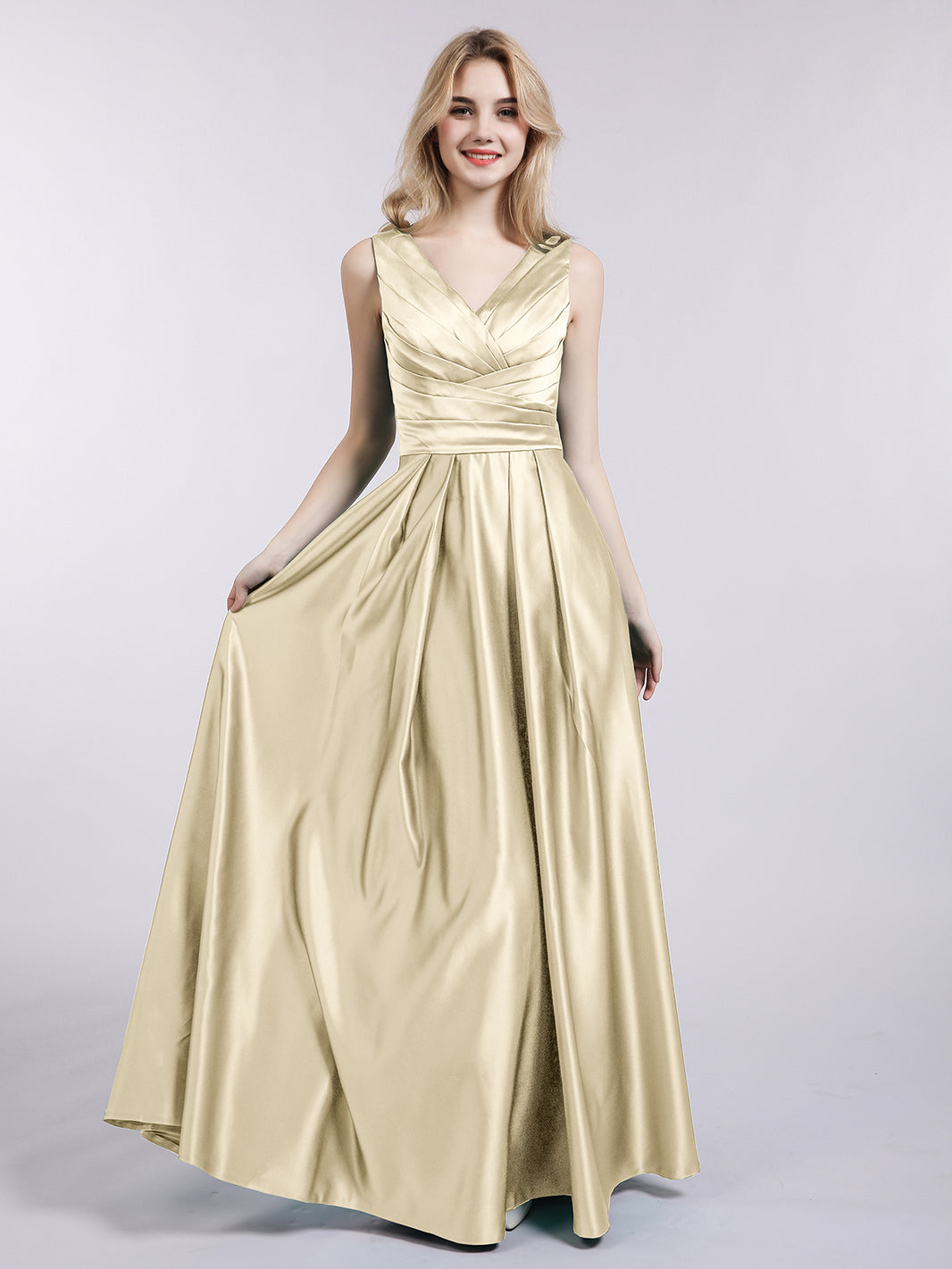 BABARONI Open Back Long Satin Gown with V-neck-Champagne, Champagne / US0