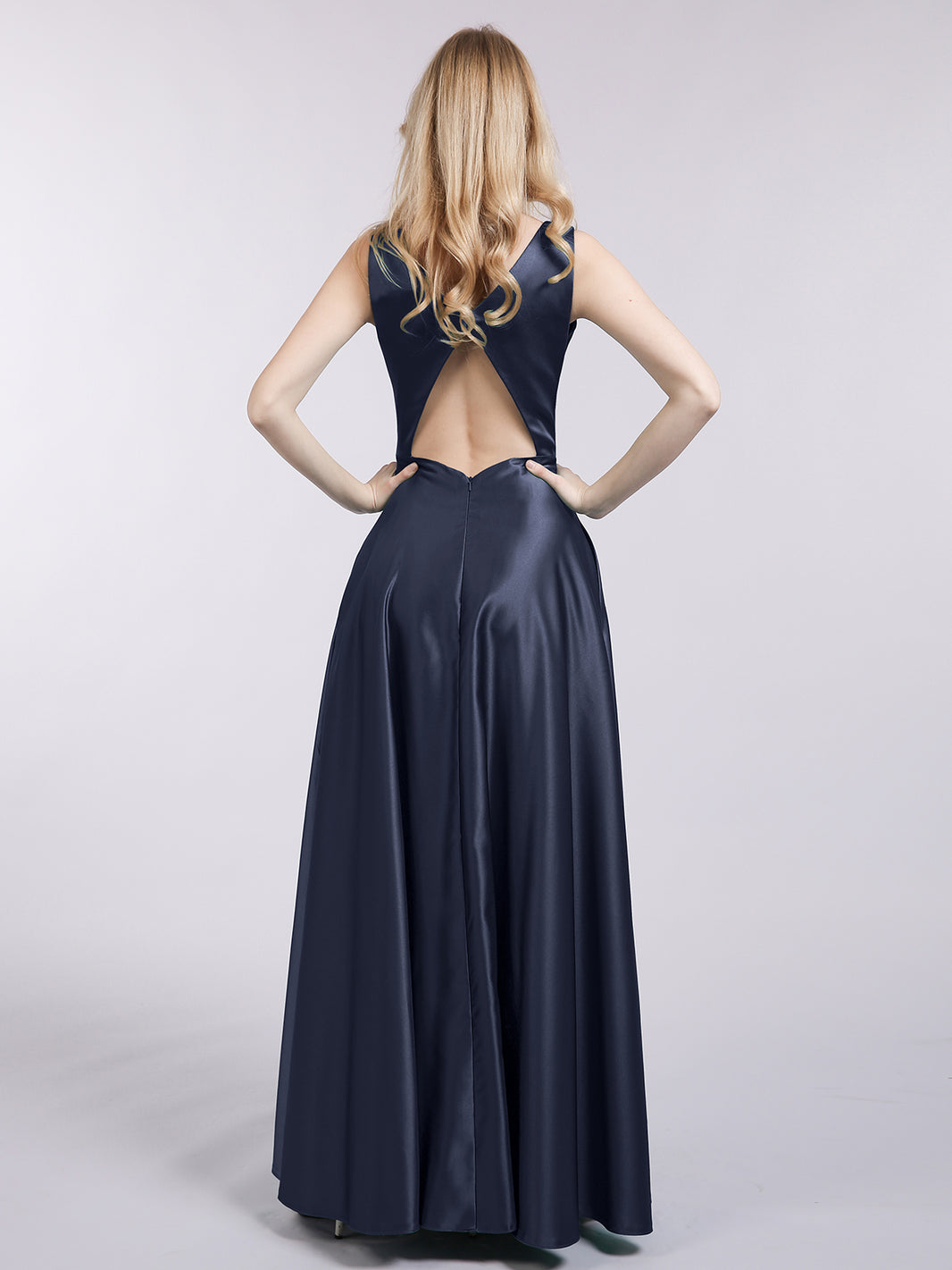 BABARONI Open Back Long Satin Gown with V-neck-Dark Navy, Dark Navy / US0