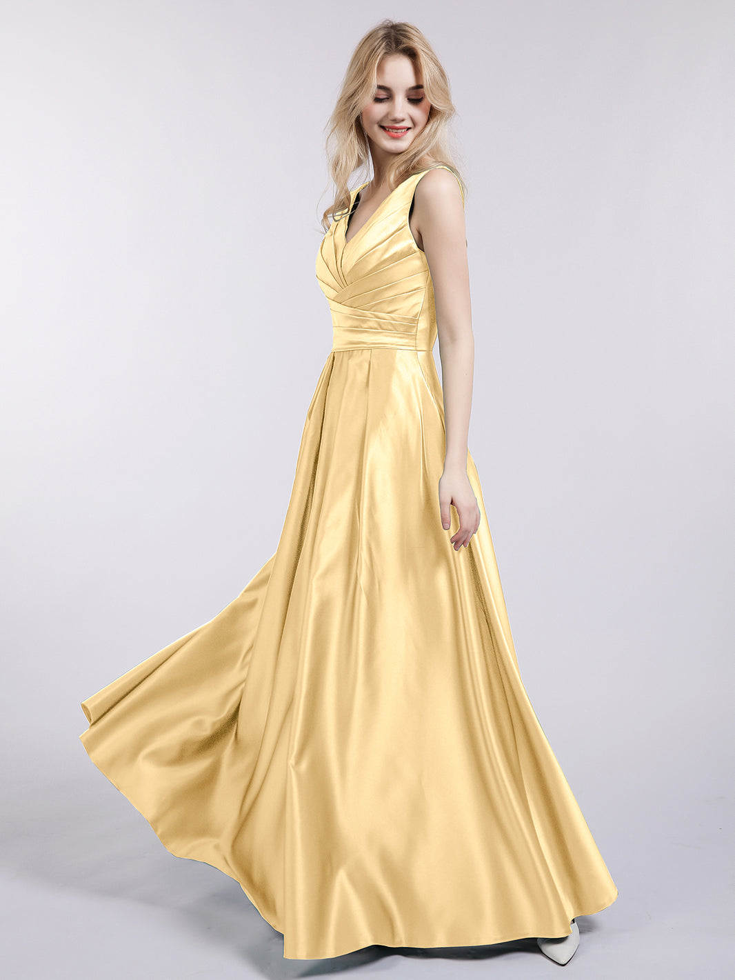 BABARONI Open Back Long Satin Gown with V-neck-Gold, Gold / US0