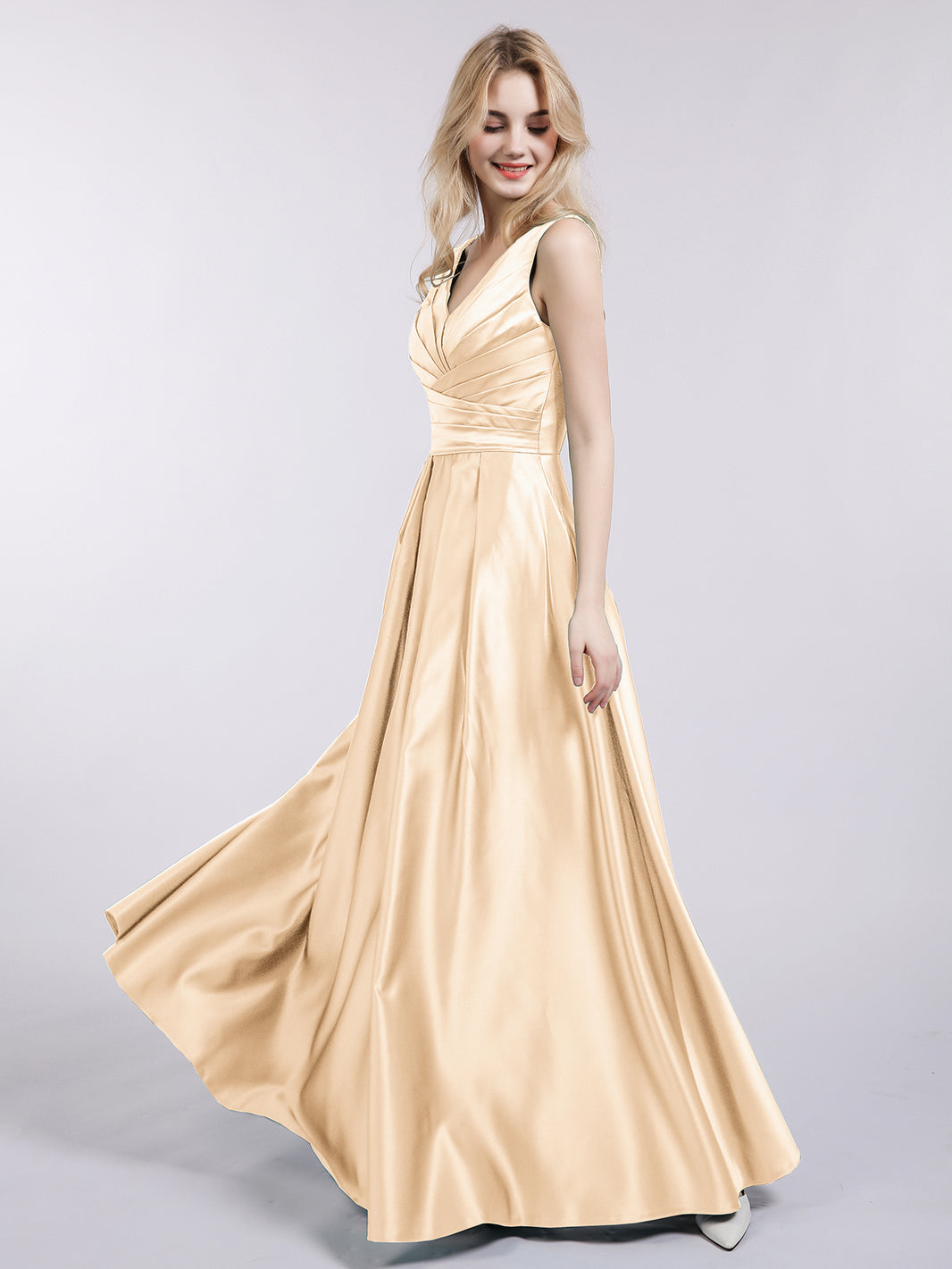 BABARONI Open Back Long Satin Gown with V-neck-Peach, Peach / US0