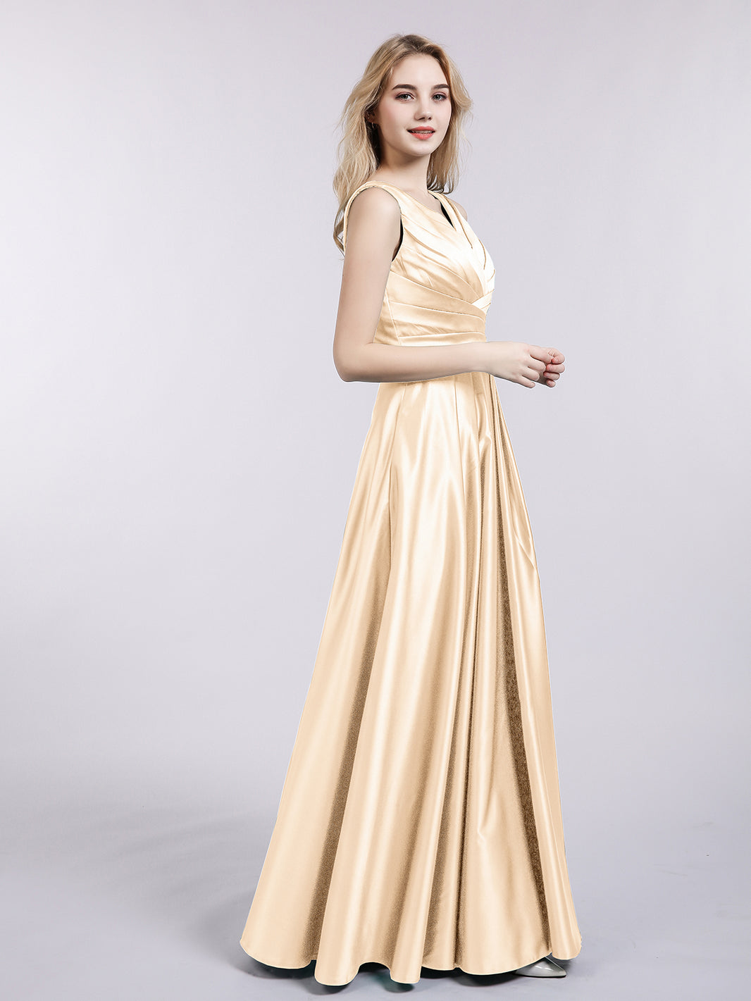 BABARONI Open Back Long Satin Gown with V-neck-Peach, Peach / US0