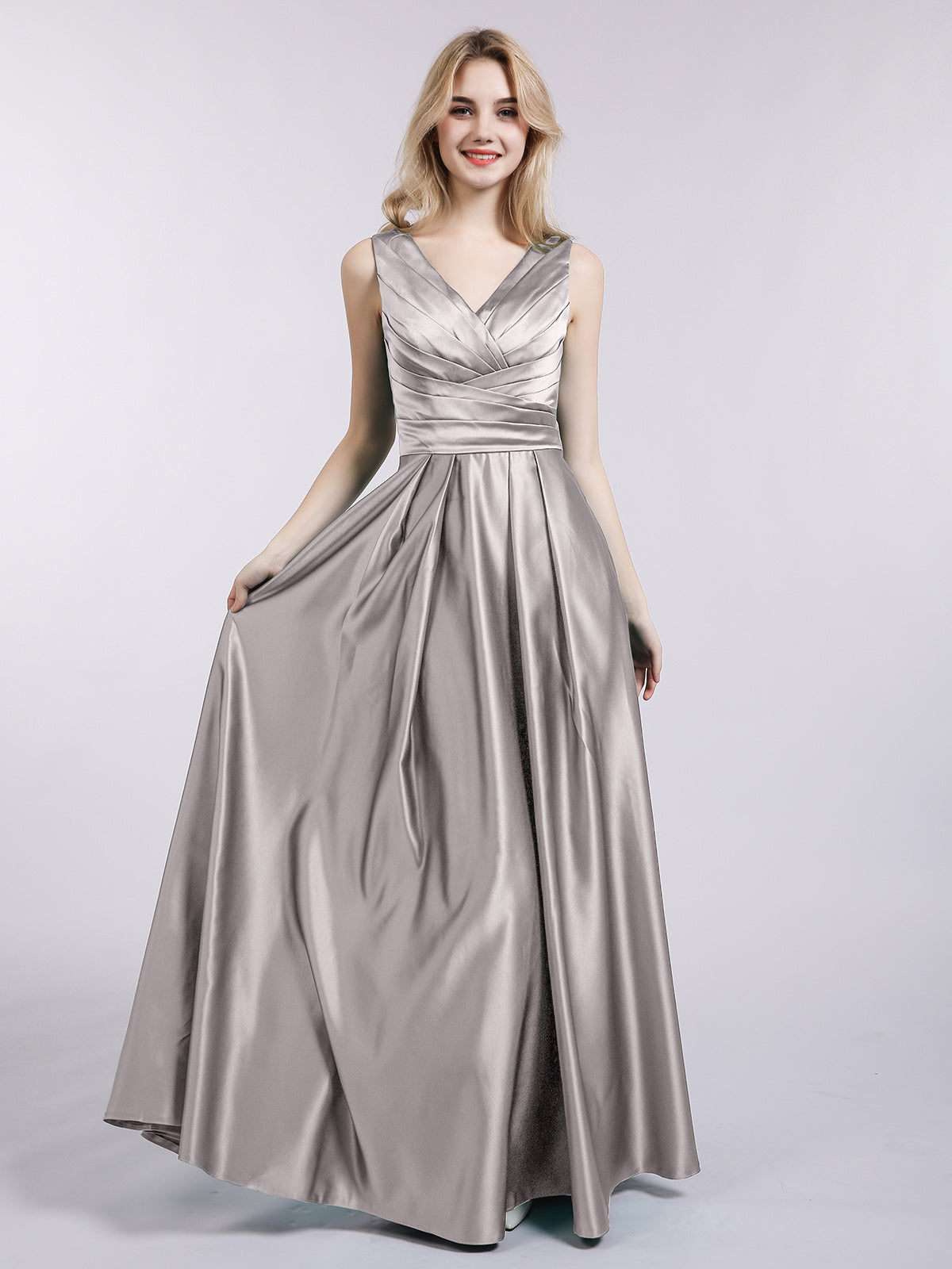 Open Back Long Satin Gown with V-neck-Silver-Meroy | BABARONI