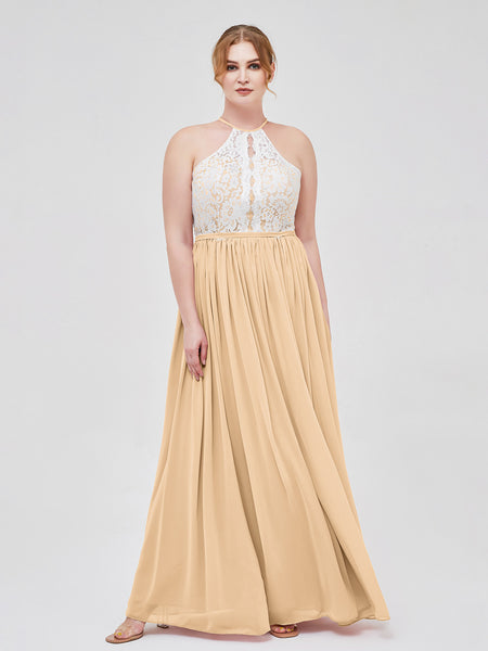 BABARONI Halter Maxi Dress with Ivory Lace Bodice-Peach, Peach / US0