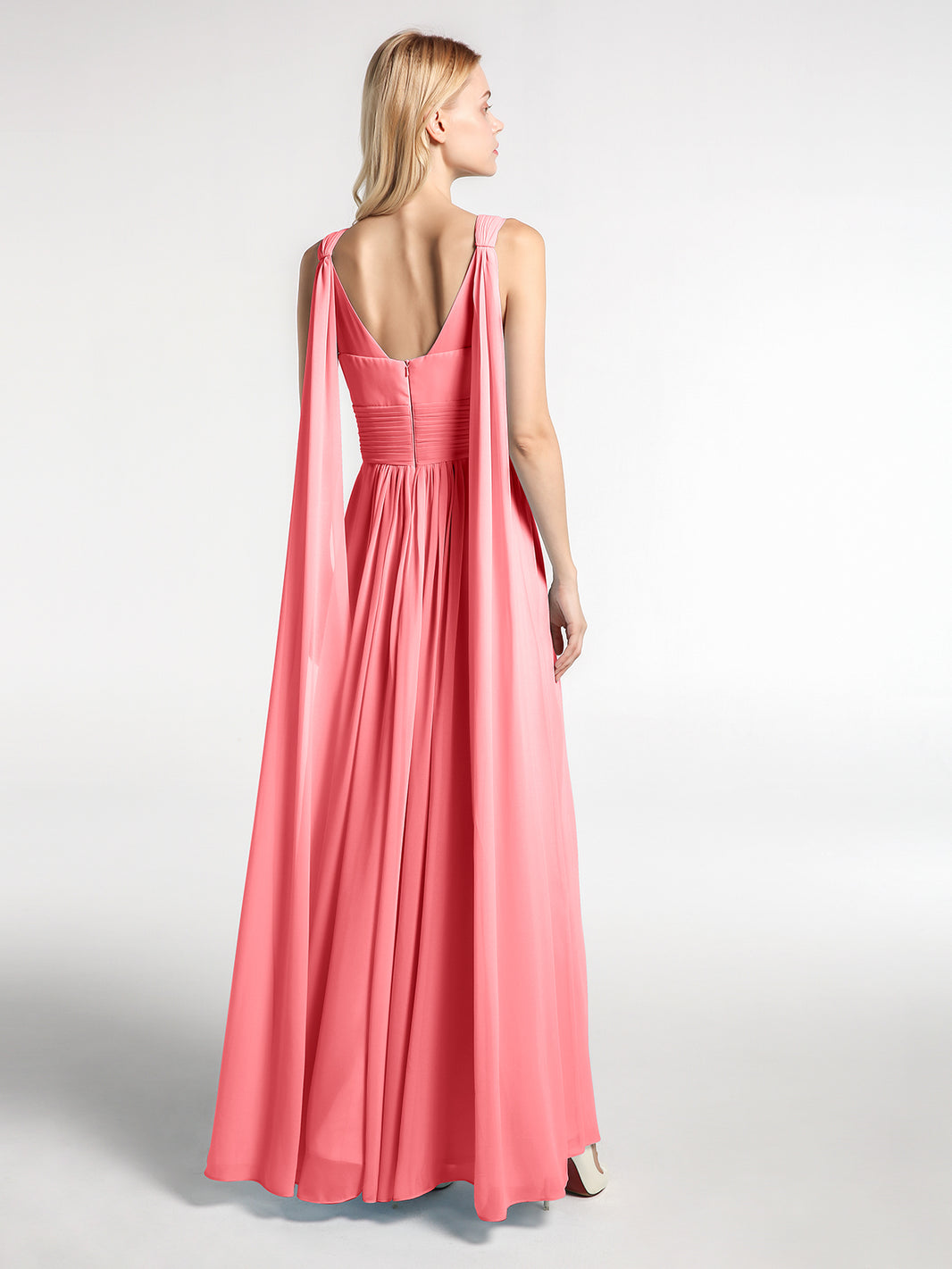 BABARONI Chiffon Watermelon Bridesmaid Dresses V-neck Floor-length Sleeveless A-line