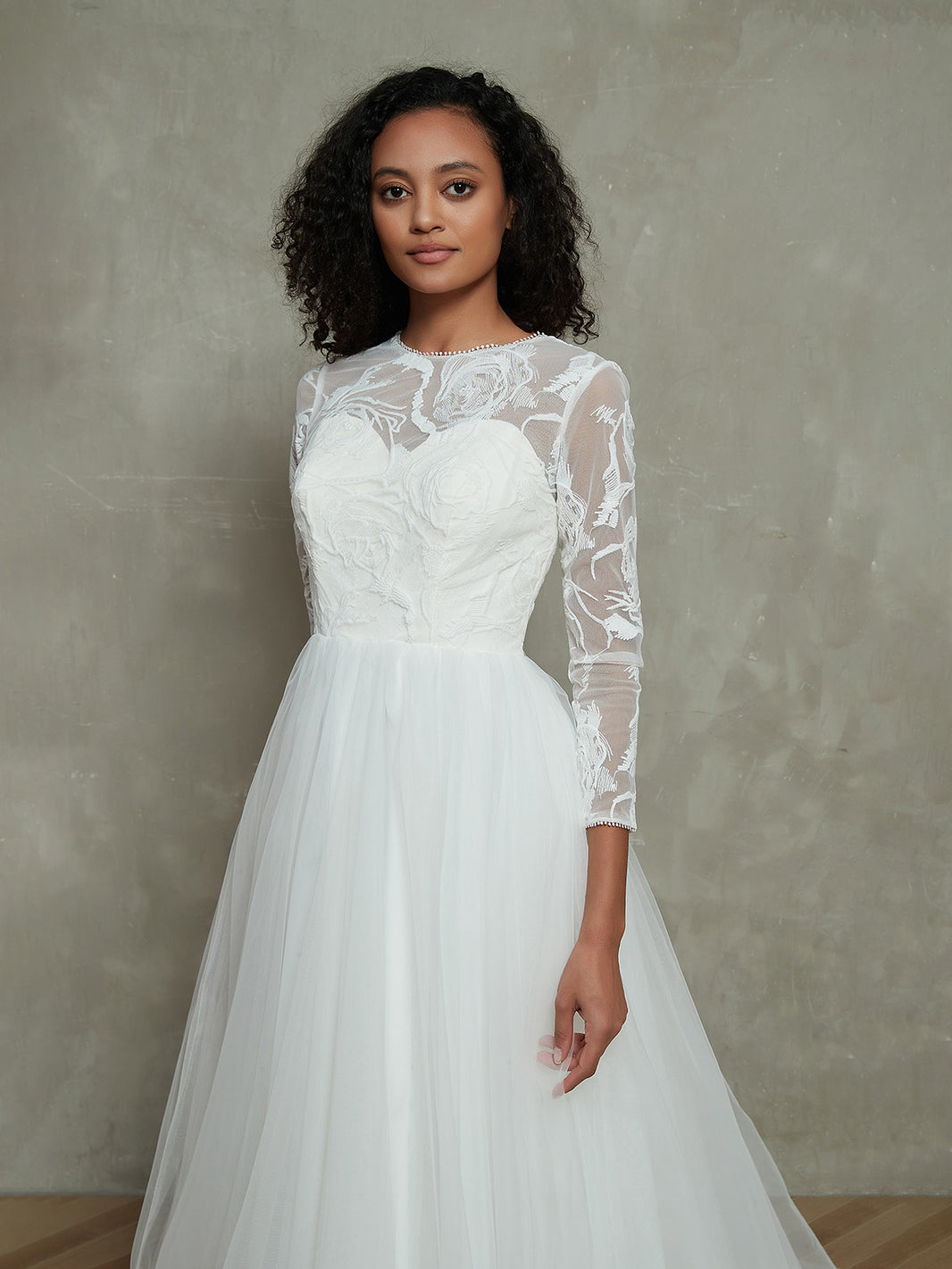 BABARONI Lace Top Tulle Skirt Wedding Dresses with Illusion Neck-White, White / US0 BABARONI Lace Top Tulle Skirt Wedding Dresses with Illusion Neck-White, White / US0
