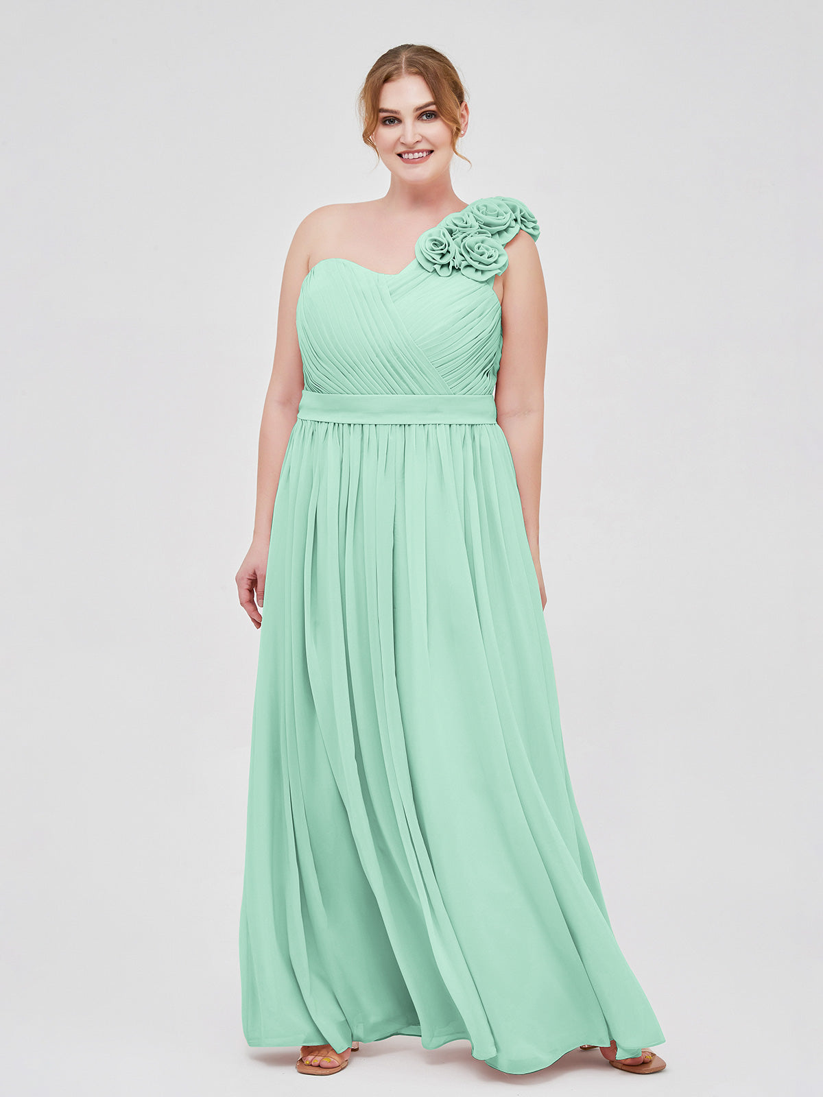 Mirabelle One Shoulder Chiffon Dress with Flowers StrapMint Green Plus Size BABARONI