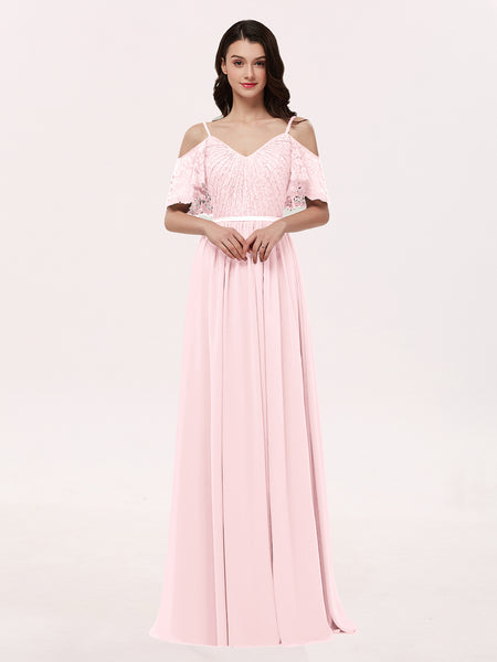 BABARONI Chiffon Blushing Pink Bridesmaid Dresses V-neck Floor-length Spaghetti Straps Lace A-line, Blushing Pink / US0